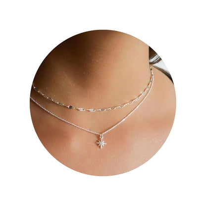"Annika Bella Sterling Silver Star Necklace Set for Women – Adjustable 15-17 Inch Length with Tiny Cubic Zirconia North Star Charm – Waterproof Celestial Jewelry Gift for Her (Set of 2)"
