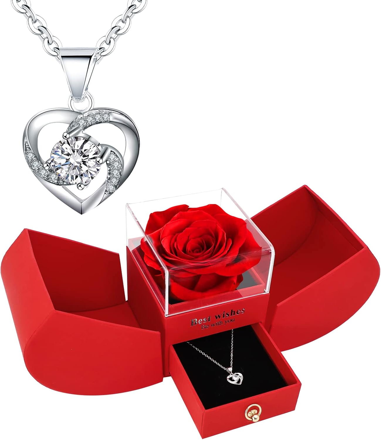 Valentines Day Gift for Her, Preserved Rose with I Love You 925 Sterling Silver Necklace