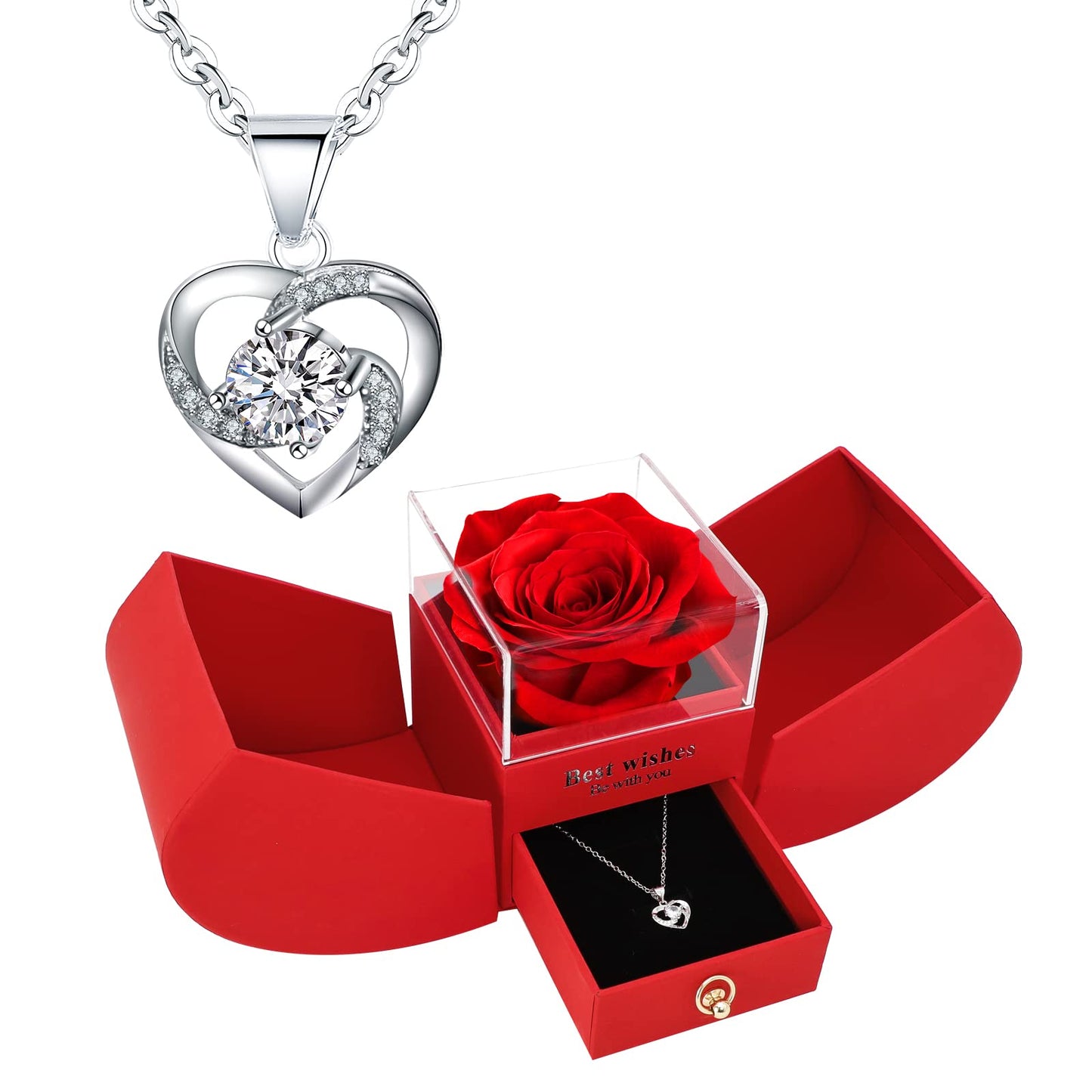 Valentines Day Gift for Her, Preserved Rose with I Love You 925 Sterling Silver Necklace