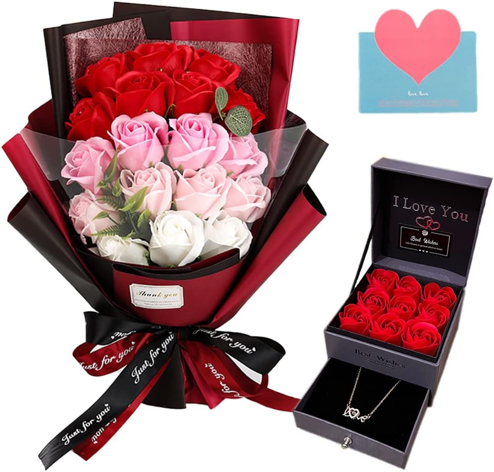 EIGHTOWN Roses Bouquet Artificial Flower - Preserved Red Rose Flowers with Love Necklace for Her - Unique Gifts Valentine's Day