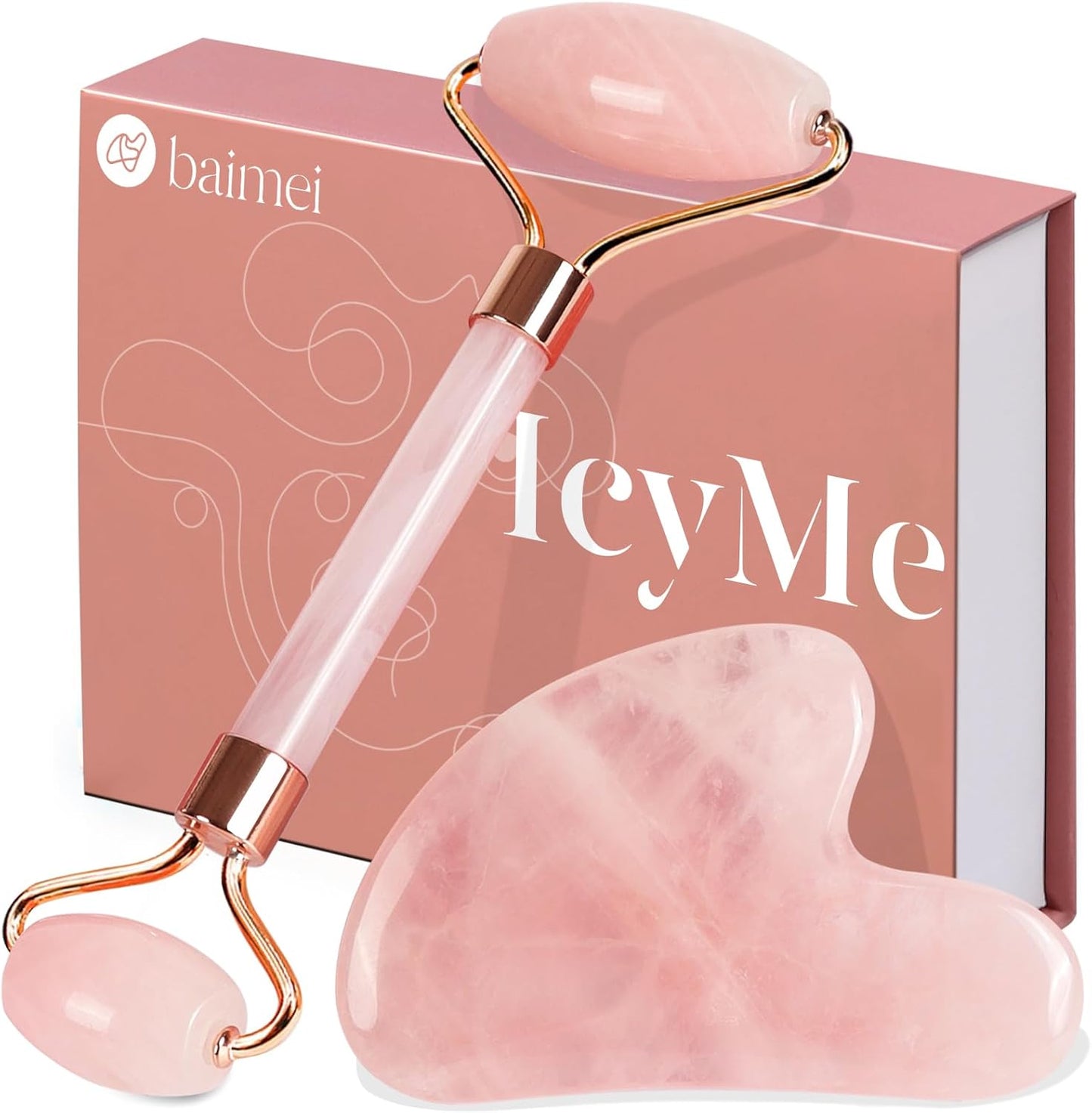 BAIMEI Gua Sha Facial Tool & Jade Roller Set – Anti-Wrinkle and Lifting Face Roller for Reducing Puffiness and Tightening Skin – Self-Care Gift for Men and Women (Rose Quartz)