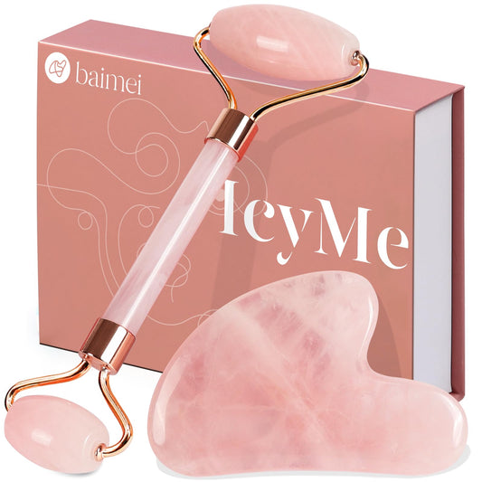 BAIMEI Gua Sha Facial Tool & Jade Roller Set – Anti-Wrinkle and Lifting Face Roller for Reducing Puffiness and Tightening Skin – Self-Care Gift for Men and Women (Rose Quartz)