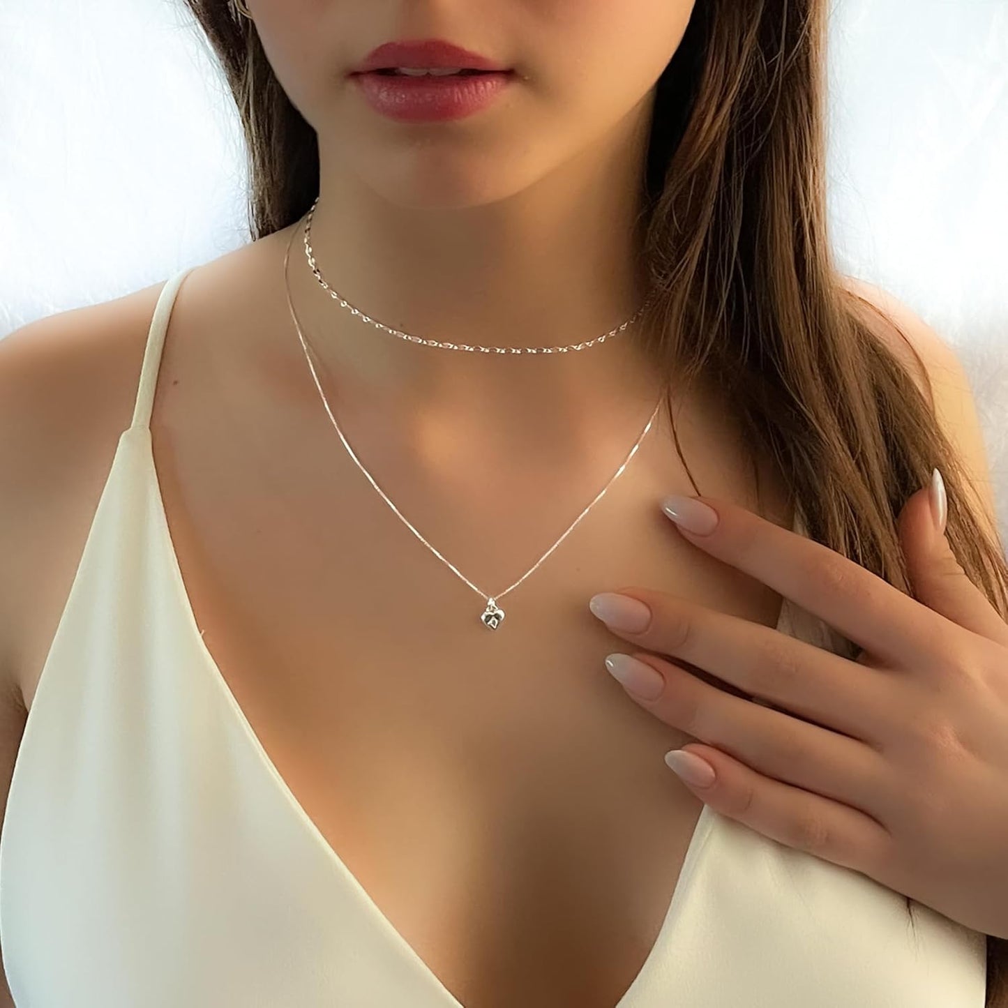 Annika Bella Silver Heart Necklace Set for Women – Sparkly 925 Silver Chain with Choker Collar Pendant – Elegant Jewelry Set (Set of 2 Necklaces with CZ)