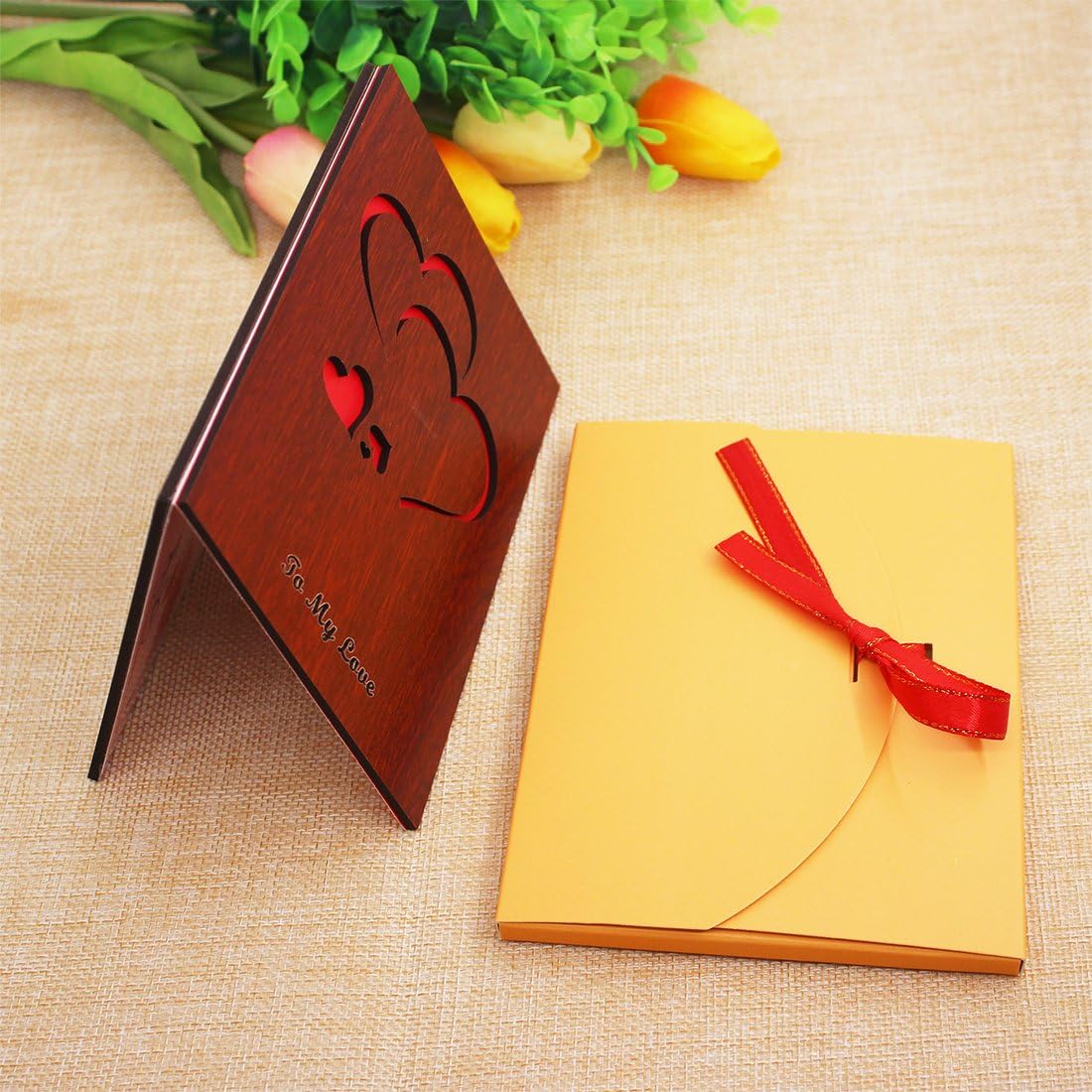 Creawoo Handmade Walnut Wood Love Greeting Card with Unique Gift Card Box The Best Valentine's Day Card