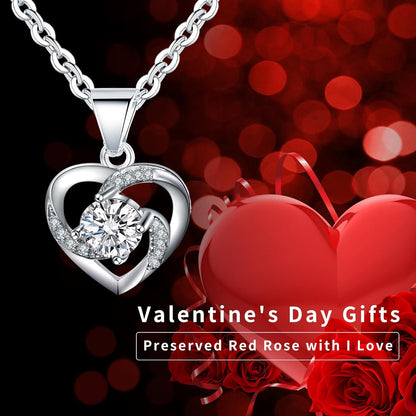 Valentines Day Gift for Her, Preserved Rose with I Love You 925 Sterling Silver Necklace