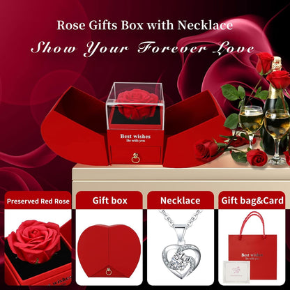 Valentines Day Gift for Her, Preserved Rose with I Love You 925 Sterling Silver Necklace