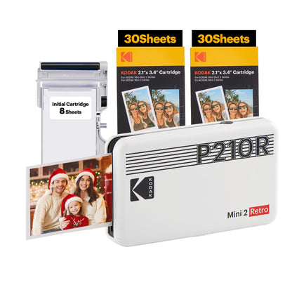 KODAK Mini 2 Retro 4PASS Portable Photo Printer (2.1x3.4 inches) + 68 Sheets Bundle (8 Initial Sheets + 60 Sheets Pack), White