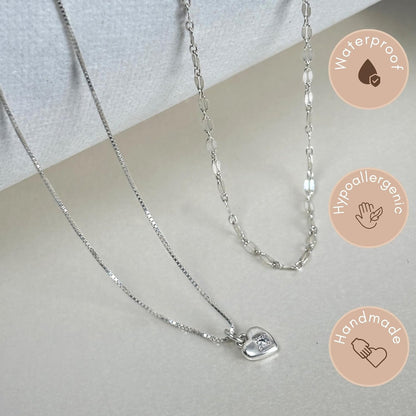 Annika Bella Silver Heart Necklace Set for Women – Sparkly 925 Silver Chain with Choker Collar Pendant – Elegant Jewelry Set (Set of 2 Necklaces with CZ)