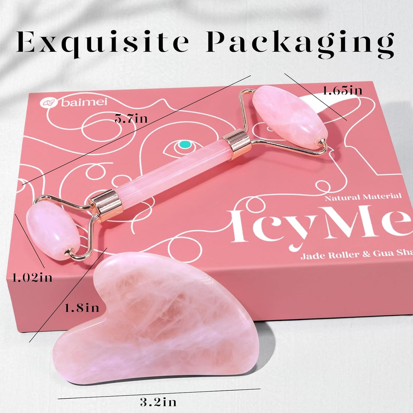 BAIMEI Gua Sha Facial Tool & Jade Roller Set – Anti-Wrinkle and Lifting Face Roller for Reducing Puffiness and Tightening Skin – Self-Care Gift for Men and Women (Rose Quartz)