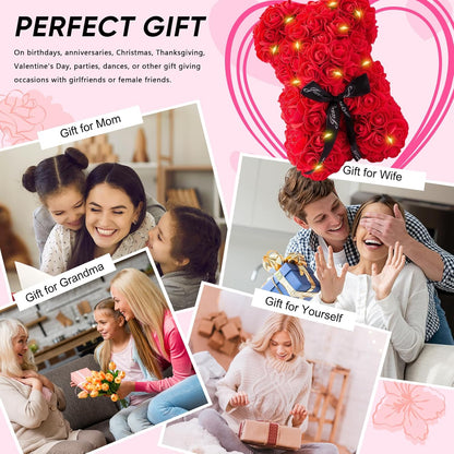 Rose Bear Gifts for Women, Flower Bear Rose Teddy Bear with Box Lights, Cute Anniversary Birthday Romantic Unique Gift Set & Flowers Decoration (Red)