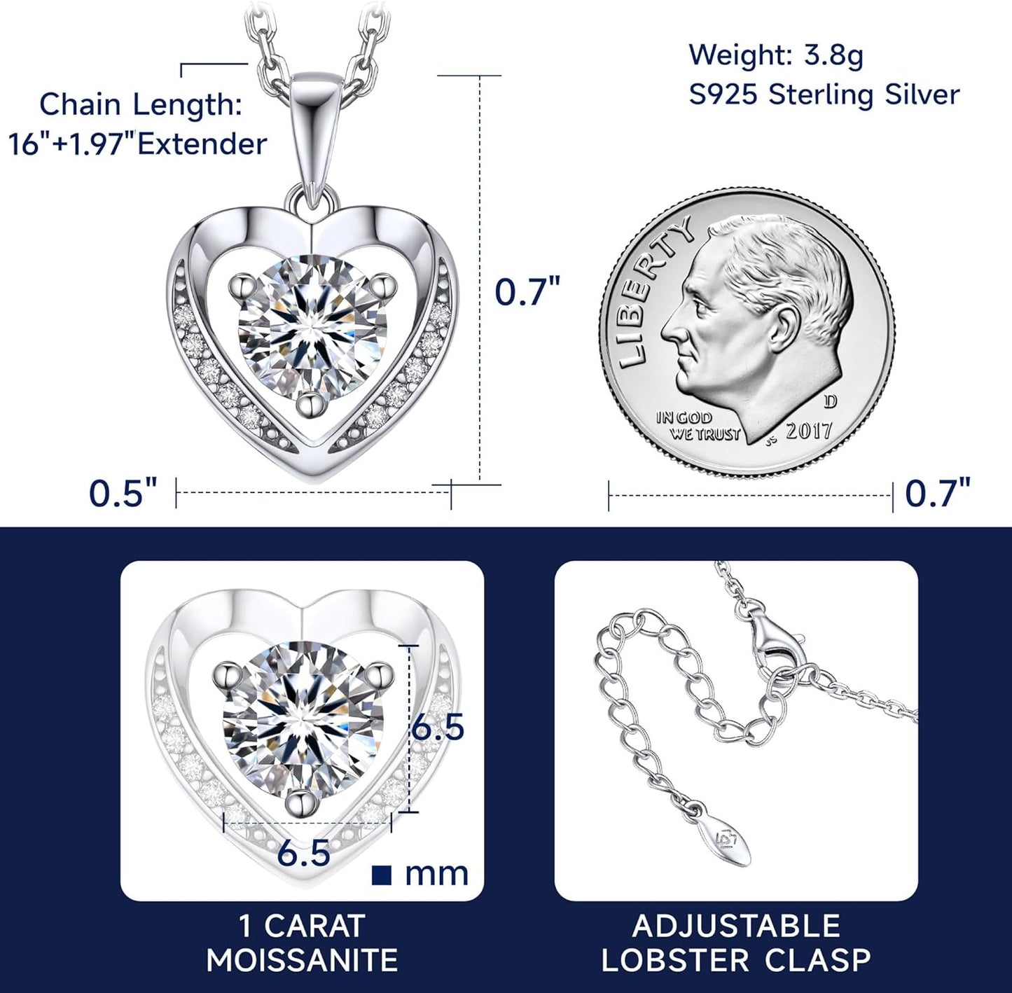 MomentWish Heart Necklace, D Color VVS1 Simulated Diamond 925 Sterling Silver