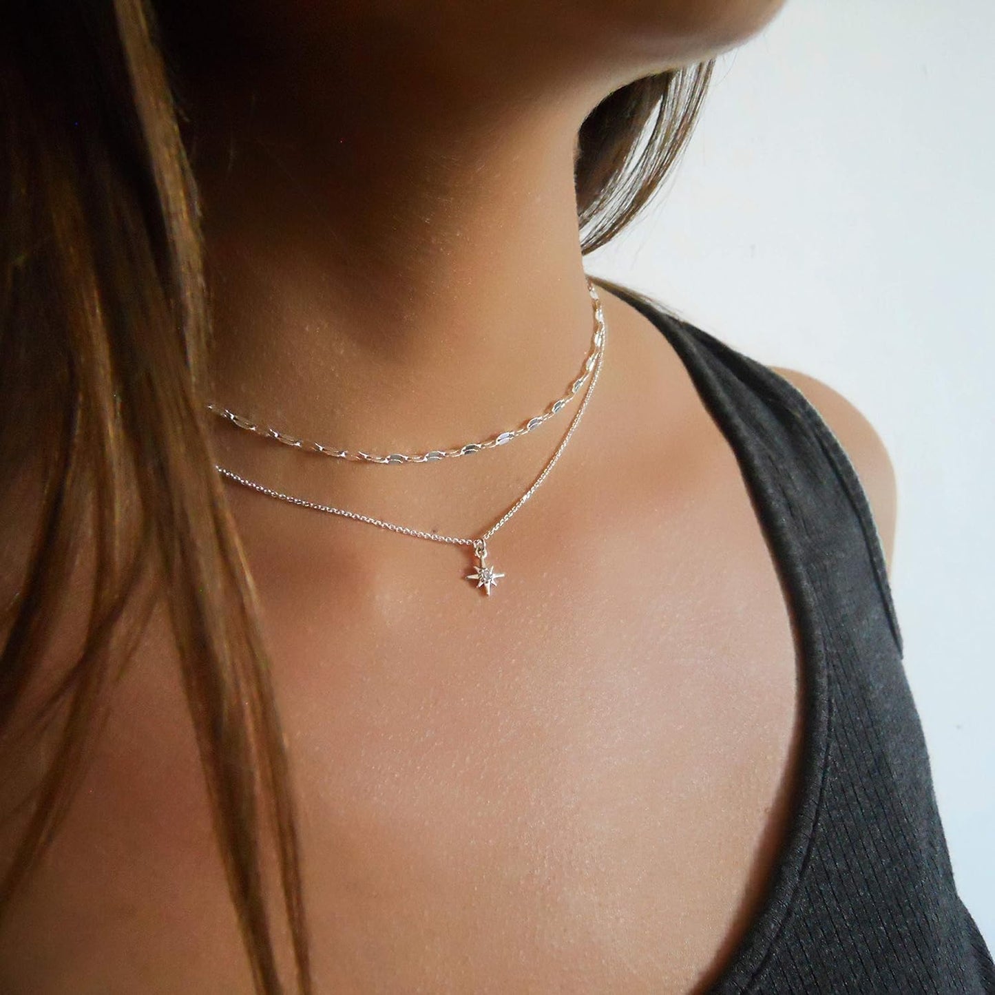 "Annika Bella Sterling Silver Star Necklace Set for Women – Adjustable 15-17 Inch Length with Tiny Cubic Zirconia North Star Charm – Waterproof Celestial Jewelry Gift for Her (Set of 2)"