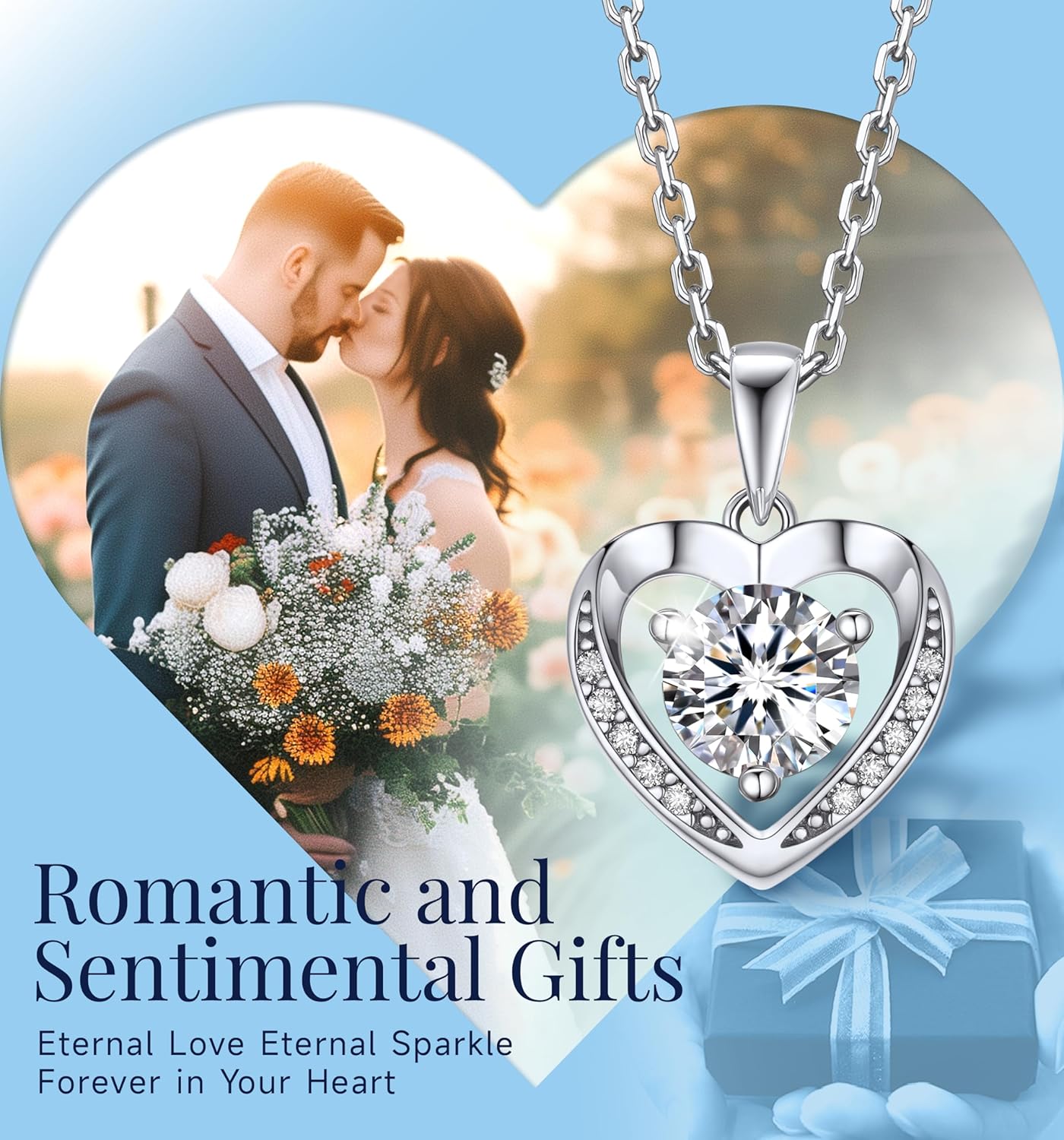 MomentWish Heart Necklace, D Color VVS1 Simulated Diamond 925 Sterling Silver