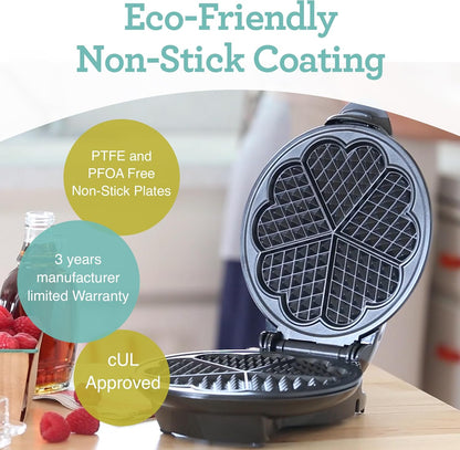 "Euro Cuisine WM520 Heart-Shaped Waffle Maker – Eco-Friendly, PTFE and PFOA-Free Non-Stick Plates – Ideal for Valentine’s Day and Special Occasions, 8-Inch Size"