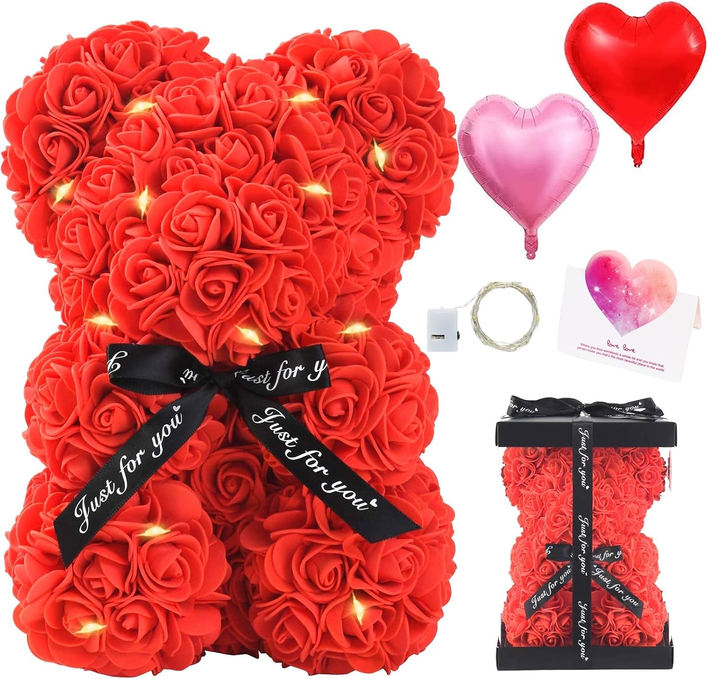 Rose Bear Gifts for Women, Flower Bear Rose Teddy Bear with Box Lights, Cute Anniversary Birthday Romantic Unique Gift Set & Flowers Decoration (Red)