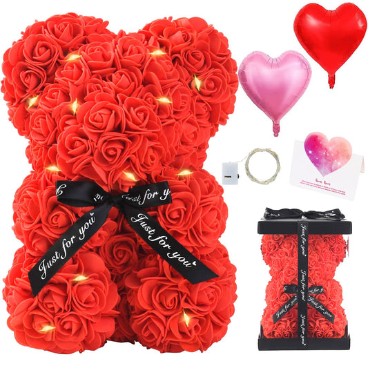 Rose Bear Gifts for Women, Flower Bear Rose Teddy Bear with Box Lights, Cute Anniversary Birthday Romantic Unique Gift Set & Flowers Decoration (Red)