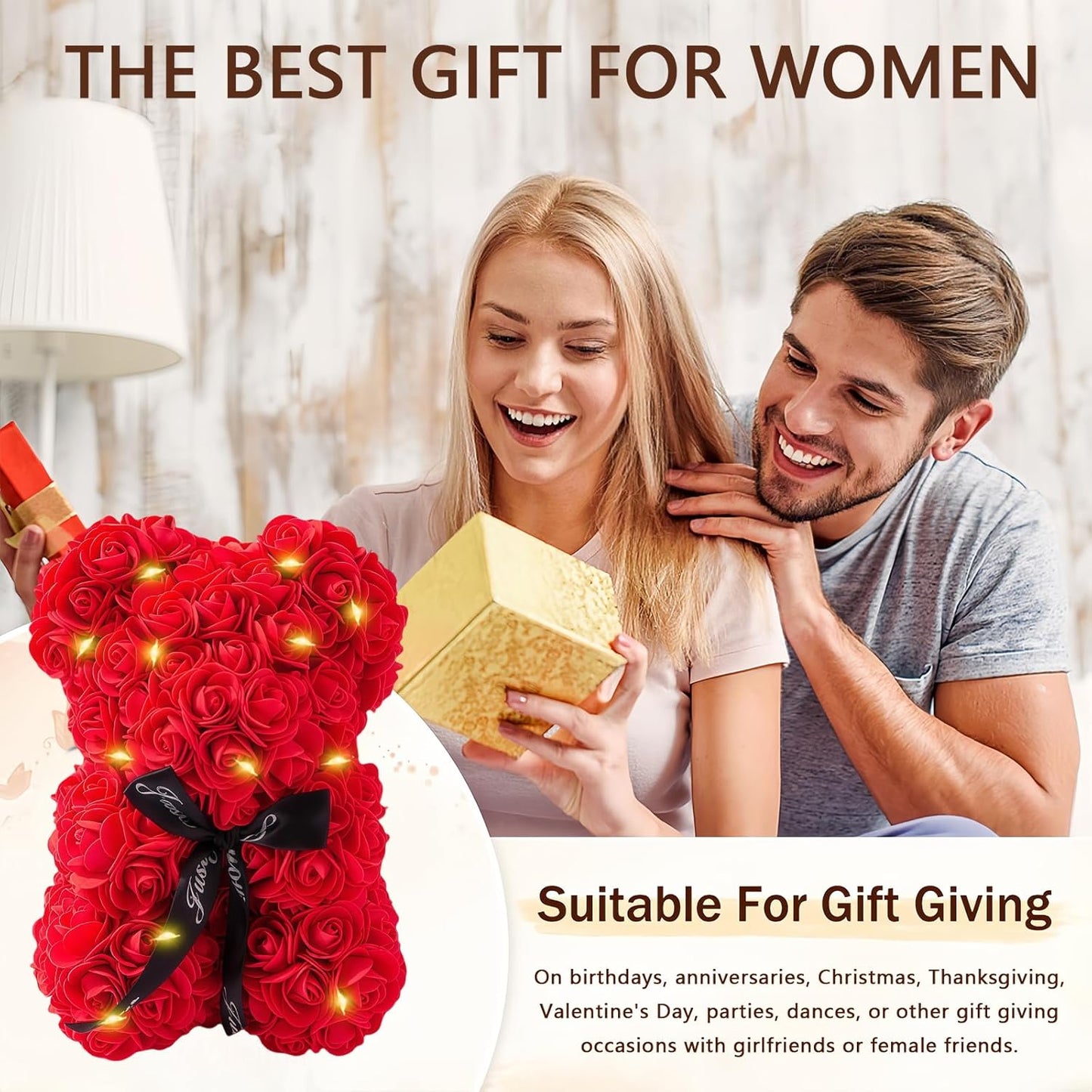 Rose Bear Gifts for Women, Flower Bear Rose Teddy Bear with Box Lights, Cute Anniversary Birthday Romantic Unique Gift Set & Flowers Decoration (Red)